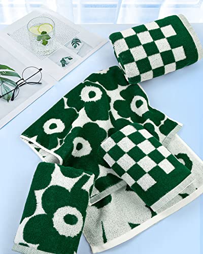 Soft Hand Towels for Bathroom Checkered and Sun Floral - 2 Styles 4 Pack Cotton Hand Towel Set - Dark Green