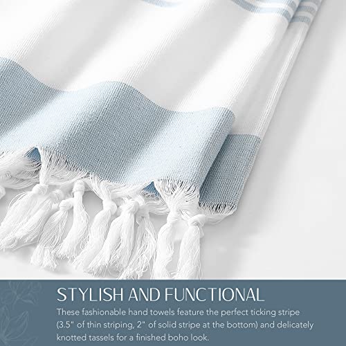 Elrene Home Fashions Boho Harper Stripe Knotted-Tassel Hand Towels, 16 Inches by 30 Inches, Set of 2, Cotton, Spa Blue