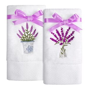 quera 2 pack lavender hand towels 100 percent cotton embroidered premium luxury decor bathroom decorative dish set for drying, cleaning, cooking, 13.7'' x 29.5'', white,purple