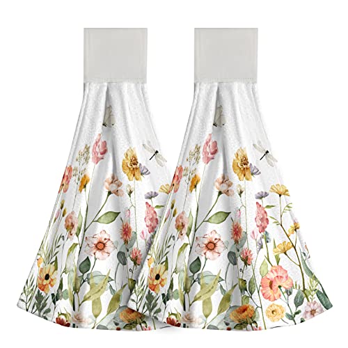 Wild Flowers Hanging Tie Towels Set 2 Pcs Summer Spring Floral Kitchen Hand Towel Absorbent Soft Coral Velvet Tea Bar Dish Dry Cloth for Kitchen Bathroom