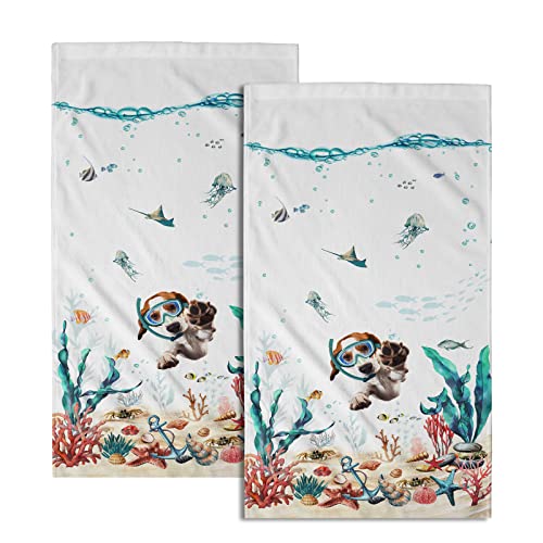 Funny Dog Hand Towels Set of 2 Teal Blue Sea Ocean Small Bath Towels Soft Absorbent Decorative Towels for Kitchen Dish Spa Yoga Guest