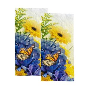 hand towels face towels set of 2 summer yellow blue butterfly flowers soft comfortable polyester microfiber fast water absorbent towels for bathroom kitchen 30x15 inch