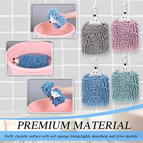 Kinlop 4 Pcs Chenille Hand Towels with Loop Cute Hedgehog Microfiber Hand Towels Absorbent Small Hanging Chenille Hand Towel for Drying Hand Bath Kitchen Washstand Powder Room, 4 Colors