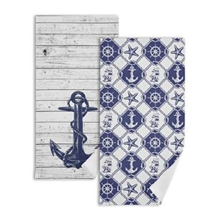 nautical sea anchor hand towel navy blue ship boat face towel set of 2, for bathroom kitchen adult man, labor day columbus day gift