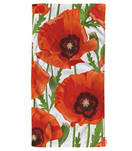 ofloral red poppy floral hand towels cotton washcloths,nature botanical plant poppy flower bud leaf soft towels for bathroom/kitchen/yoga/golf/hair/face towel for men/women/girl/boys 15x30 inch