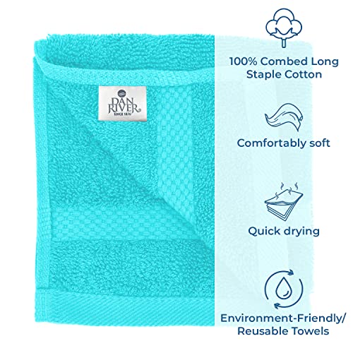 DAN RIVER 100% Cotton Face Towels 12 Pack - Premium Quality Washcloths Soft and Highly Absorbent Towels for Bathroom, Spa, Gym - Quick Dry Essential for Body and Daily Use 12x12 in, 600 GSM – Aqua