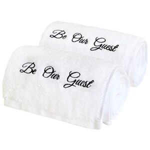 'be our guest' embroidered white hand towels for bathroom with gift box - set of 2 - extra absorbent 100% cotton hand towel set - 571gsm - 14 x 30 inches - gifts for bathroom - be our guest decor
