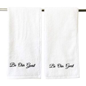 'Be Our Guest' Embroidered White Hand Towels for Bathroom with Gift Box - Set of 2 - Extra Absorbent 100% Cotton Hand Towel Set - 571GSM - 14 x 30 inches - Gifts for Bathroom - Be Our Guest Decor