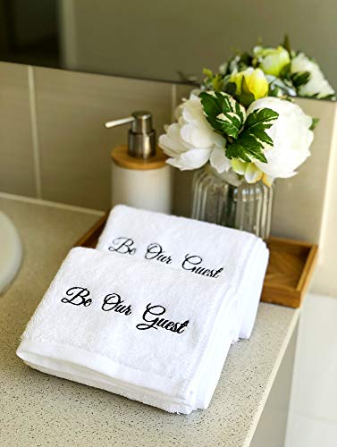 'Be Our Guest' Embroidered White Hand Towels for Bathroom with Gift Box - Set of 2 - Extra Absorbent 100% Cotton Hand Towel Set - 571GSM - 14 x 30 inches - Gifts for Bathroom - Be Our Guest Decor