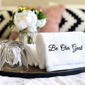 'Be Our Guest' Embroidered White Hand Towels for Bathroom with Gift Box - Set of 2 - Extra Absorbent 100% Cotton Hand Towel Set - 571GSM - 14 x 30 inches - Gifts for Bathroom - Be Our Guest Decor