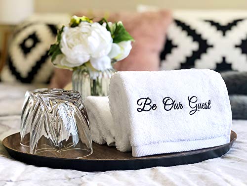 'Be Our Guest' Embroidered White Hand Towels for Bathroom with Gift Box - Set of 2 - Extra Absorbent 100% Cotton Hand Towel Set - 571GSM - 14 x 30 inches - Gifts for Bathroom - Be Our Guest Decor