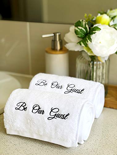 'Be Our Guest' Embroidered White Hand Towels for Bathroom with Gift Box - Set of 2 - Extra Absorbent 100% Cotton Hand Towel Set - 571GSM - 14 x 30 inches - Gifts for Bathroom - Be Our Guest Decor