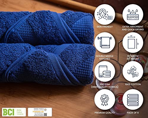 AKTI Premium Hand Towels for Bathroom,16x30 inches, 550 GSM, 6 Piece Set Cotton Towel, Soft & Fluffy, Extra Absorbent, Quick Dry Towels for Body – Navy Hand Towels for Daily Use