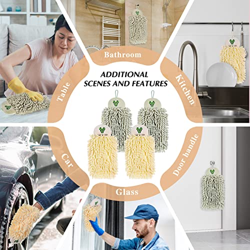 Kinlop 4 Pcs Chenille Hand Towels with Hanging Loops Bathroom Kitchen Hanging Towels Microfiber Finger Towels for Bathroom Soft Absorbent Drying Hand Bath Towel Fuzzy Ball Towel, Beige and Light Green