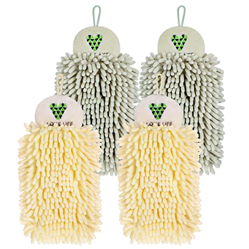 Kinlop 4 Pcs Chenille Hand Towels with Hanging Loops Bathroom Kitchen Hanging Towels Microfiber Finger Towels for Bathroom Soft Absorbent Drying Hand Bath Towel Fuzzy Ball Towel, Beige and Light Green