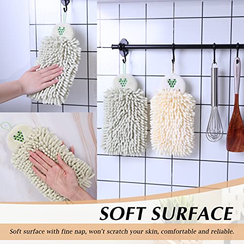 Kinlop 4 Pcs Chenille Hand Towels with Hanging Loops Bathroom Kitchen Hanging Towels Microfiber Finger Towels for Bathroom Soft Absorbent Drying Hand Bath Towel Fuzzy Ball Towel, Beige and Light Green