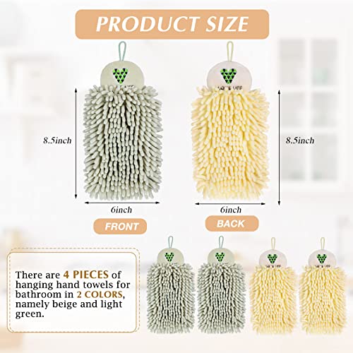 Kinlop 4 Pcs Chenille Hand Towels with Hanging Loops Bathroom Kitchen Hanging Towels Microfiber Finger Towels for Bathroom Soft Absorbent Drying Hand Bath Towel Fuzzy Ball Towel, Beige and Light Green