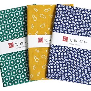 KOMESICHI irodori Japanese Traditional Towel Tenugui Japan Pattern B with Fray Prevention Processing Set of 3 with Tenugui Iroha (English Manual)