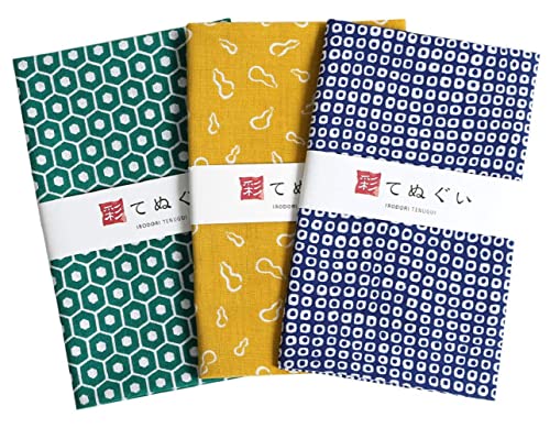 KOMESICHI irodori Japanese Traditional Towel Tenugui Japan Pattern B with Fray Prevention Processing Set of 3 with Tenugui Iroha (English Manual)