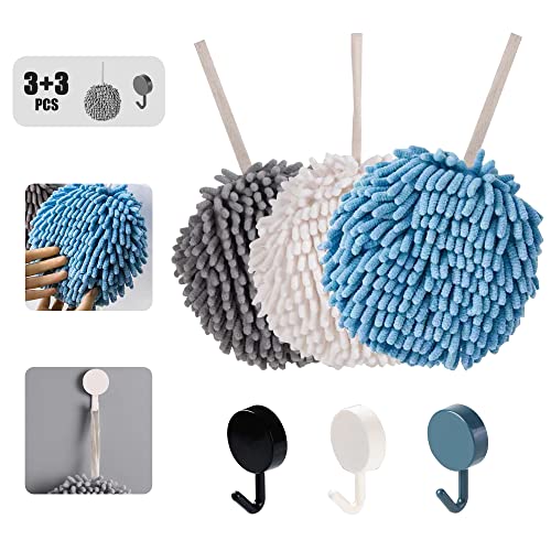 Chenille Hand Towel Ball,Super Soft/Quick Drying/Fast Dry/Strong Water Absorption/Microfiber Velvet,Cleaning Wash Cloths/Wipe/Puff/Dryer Sponge for Bathroom/Kitchen,with Hanging Loop/Wall Hook(3 Pcs)