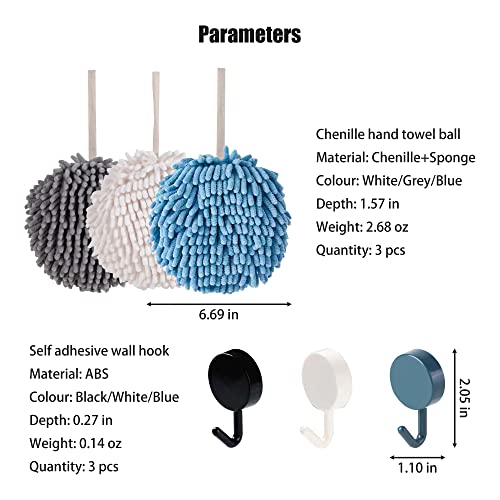 Chenille Hand Towel Ball,Super Soft/Quick Drying/Fast Dry/Strong Water Absorption/Microfiber Velvet,Cleaning Wash Cloths/Wipe/Puff/Dryer Sponge for Bathroom/Kitchen,with Hanging Loop/Wall Hook(3 Pcs)