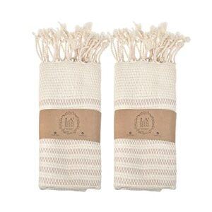 la hammam turkish hand towels set of 2, 18"x36", cotton, ultra soft, absorbent & quick dry, decorative hand towel for bathroom, kitchen, hair, dishcloth, tea, yoga, face, gym & spa shiran beige