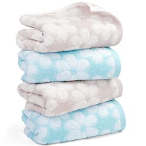 face towels hand towel set of 4, soft for bathroom travel gym, light grey & sky blue floral towels