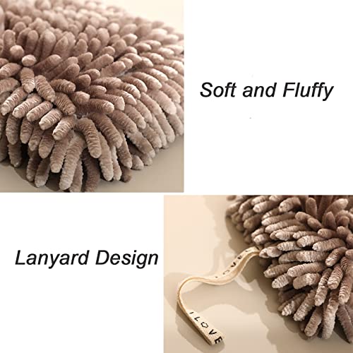 4 Pack Chenille Hanging Hand Towel Balls Super Absorbent Microfiber Hand Towels Chenille Ball Soft Plush Quick-Drying Hand Towels with Hanging Loops for Bathroom Kitchen (Brown+Grey)