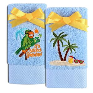 quera 2 pack summer hand towels 100 percent cotton embroidered palm trees paradise beach decor parrot bathroom decorative dish set for drying, cleaning, cooking,, blue, it's 5 o'clock somewhere!