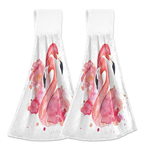 Exnundod Watercolor Pink Flamingo Hand Towels for Bathroom Set of 2, Spring Summer Mother's Day Hanging Towel Kitchen Dish Tie Towel Soft Absorbent WashCloth for Home Clean Laundry Room