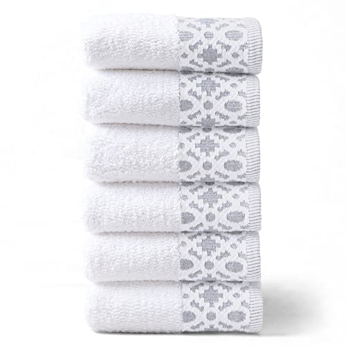 Market & Place 100% Turkish Cotton Luxury Hand Towel Set | Super Soft and Highly Absorbent | Textured Dobby Border | 550 GSM | Includes 6 Hand Towels | Nitra Collection (White/Light Grey)