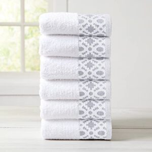 Market & Place 100% Turkish Cotton Luxury Hand Towel Set | Super Soft and Highly Absorbent | Textured Dobby Border | 550 GSM | Includes 6 Hand Towels | Nitra Collection (White/Light Grey)