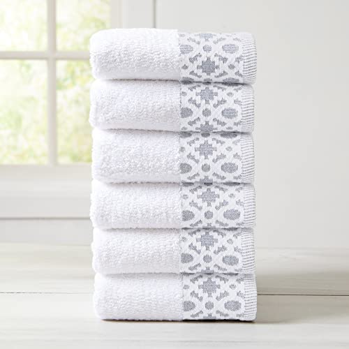 Market & Place 100% Turkish Cotton Luxury Hand Towel Set | Super Soft and Highly Absorbent | Textured Dobby Border | 550 GSM | Includes 6 Hand Towels | Nitra Collection (White/Light Grey)