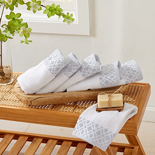 Market & Place 100% Turkish Cotton Luxury Hand Towel Set | Super Soft and Highly Absorbent | Textured Dobby Border | 550 GSM | Includes 6 Hand Towels | Nitra Collection (White/Light Grey)