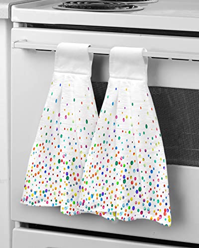 Colorful Texture Kitchen Towels with Hanging Loop 2 Pack, Absorbent Hand Towels for Bathroom, Gradient Watercolor Polka Dot White Hand Kitchen Towel Tea Bar Dish Cloths Tie Towel 18"x14"