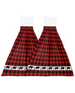 2pcs hand tie towels for bathroom kitchen-red black buffalo checked plaid bear paw decor hanging towel tea bar dish cloth soft coral fleece absorbent washcloth,forest animals