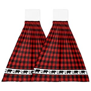 2PCS Hand Tie Towels for Bathroom Kitchen-Red Black Buffalo Checked Plaid Bear Paw Decor Hanging Towel Tea Bar Dish Cloth Soft Coral Fleece Absorbent Washcloth,Forest Animals