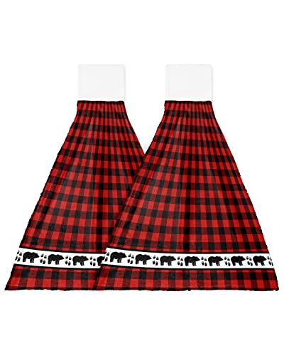 2PCS Hand Tie Towels for Bathroom Kitchen-Red Black Buffalo Checked Plaid Bear Paw Decor Hanging Towel Tea Bar Dish Cloth Soft Coral Fleece Absorbent Washcloth,Forest Animals