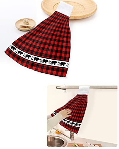 2PCS Hand Tie Towels for Bathroom Kitchen-Red Black Buffalo Checked Plaid Bear Paw Decor Hanging Towel Tea Bar Dish Cloth Soft Coral Fleece Absorbent Washcloth,Forest Animals