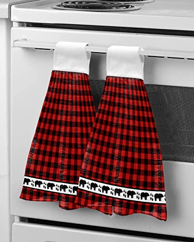 2PCS Hand Tie Towels for Bathroom Kitchen-Red Black Buffalo Checked Plaid Bear Paw Decor Hanging Towel Tea Bar Dish Cloth Soft Coral Fleece Absorbent Washcloth,Forest Animals