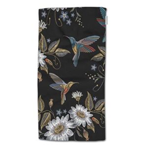 hgod designs hand towel bird and flower,humming bird and chamomile embroidery on black background hand towel best for bathroom kitchen bath and hand towels 30" lx15 w