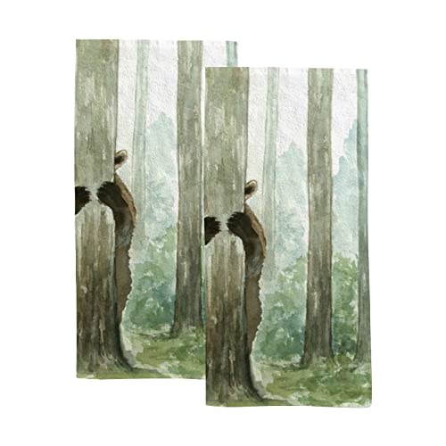 Brown Bear Forest Dish Towel 2PC Hand Towels for Bathroom 15" x 30" Absorbent Soft for Hand, Face, Kitchen, Hotel, Spa, Gym, Swim