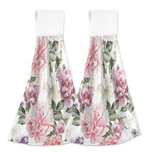 alaza vintage floral pink chic peony kitchen towels with hanging loop absorbent & fast drying dishtowels set of 2