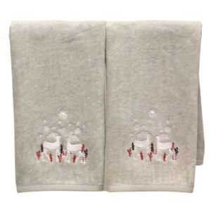 holiday christmas cotton towels: noble reindeer buck deer design, gray silver red white, set of 2