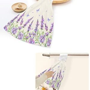 WARM TOUR 1Pcs Kitchen Hanging Towel Country Purple Lavender Flower Butterfly,Absorbent Soft Hand Tie Towel with Loop Fall Floral Retro Linen,Tea Bar Dish Cloth Dry Towel for Bathroom