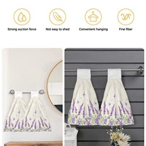 WARM TOUR 1Pcs Kitchen Hanging Towel Country Purple Lavender Flower Butterfly,Absorbent Soft Hand Tie Towel with Loop Fall Floral Retro Linen,Tea Bar Dish Cloth Dry Towel for Bathroom