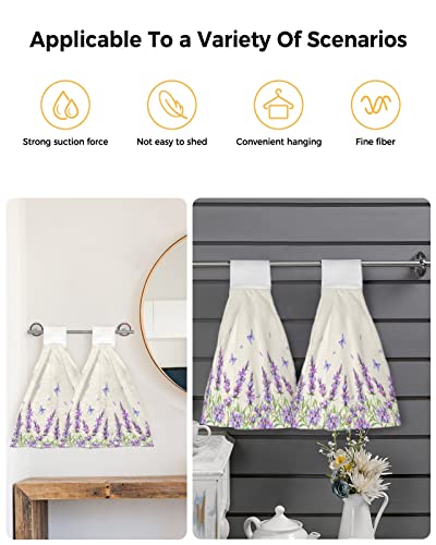 WARM TOUR 1Pcs Kitchen Hanging Towel Country Purple Lavender Flower Butterfly,Absorbent Soft Hand Tie Towel with Loop Fall Floral Retro Linen,Tea Bar Dish Cloth Dry Towel for Bathroom