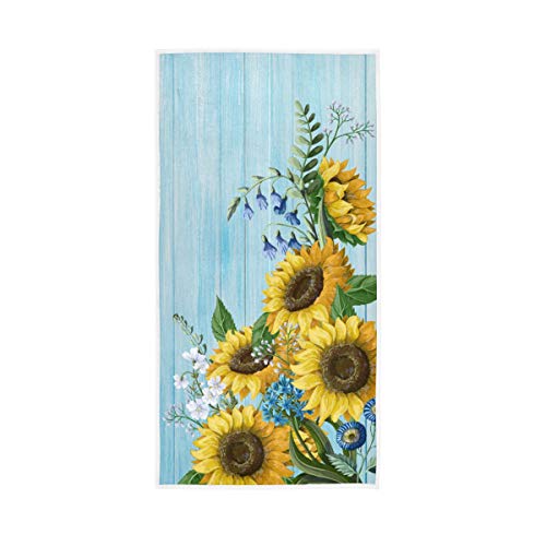 Granbey Sunflowers Hand Towels Cute Flowers on Blue Wooden Board Bathroom Hand Towels Bright Yellow Floral Decorative Bath Towels Ultra Soft Absorbent Guest Fingertip Towel