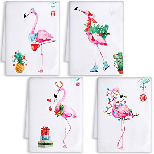 Set of 4 Christmas in July Flamingo Hand Towels Merry Christmas Flamingo Dish Towels, Gnome Flamingo Holiday Tea Hand Towels Housewarming Gifts for New Home Bathroom Decorations