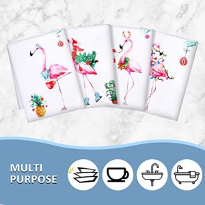 Set of 4 Christmas in July Flamingo Hand Towels Merry Christmas Flamingo Dish Towels, Gnome Flamingo Holiday Tea Hand Towels Housewarming Gifts for New Home Bathroom Decorations